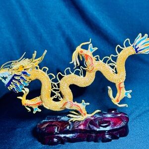 Vintage Chinese Gold Filigree Cloisonné Dragon Figurine Rosewood Base 6.5”